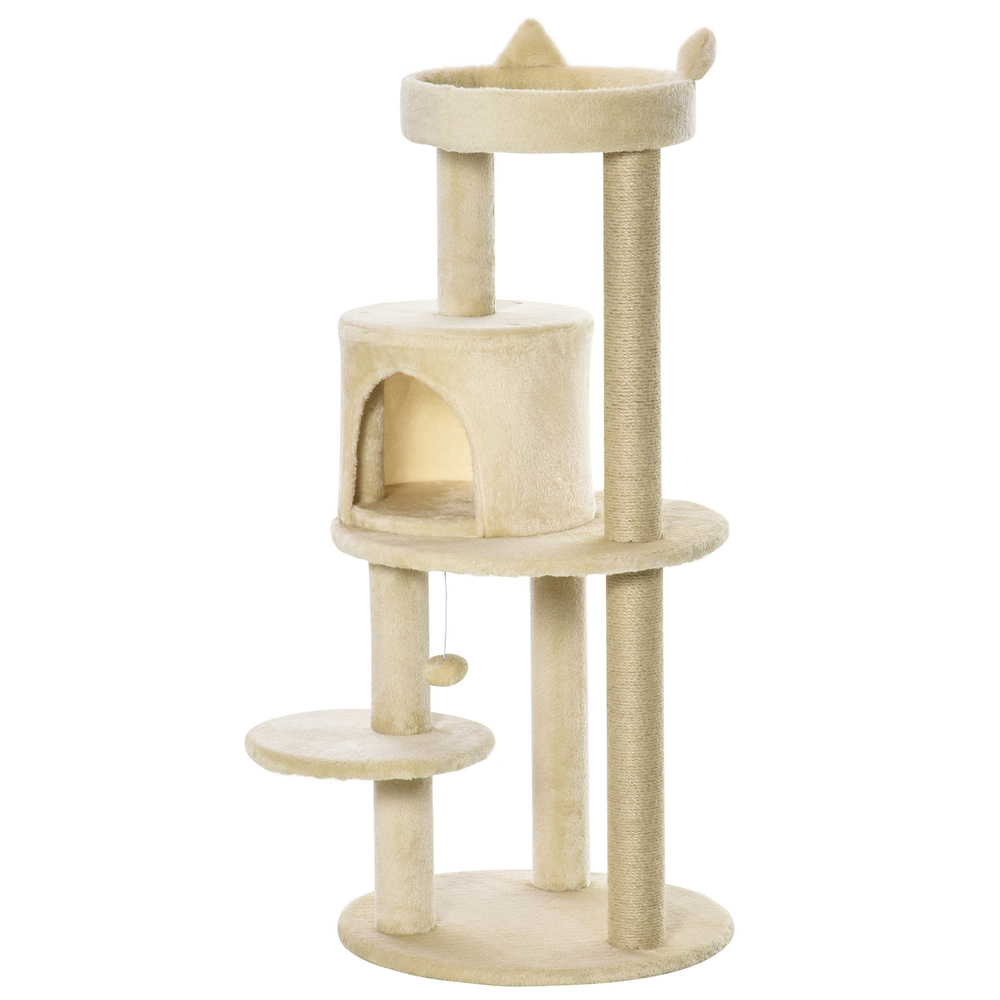 PawHut 104 cm Cat Tree, Cat Condo Tree Tower, Cat Activity Centre with Scratching Posts, Plush Perches, Hanging Ball - Cream White
