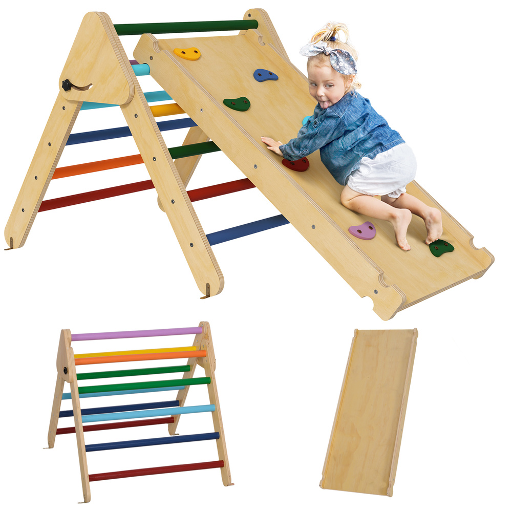 AIYAPLAY Toddler Climbing Frame for Kids, with Ramp, 3-in-1 Wooden Play Triangle Set for 18-48 Months, Multicolour