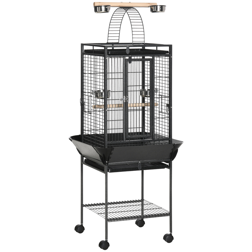 PawHut 156cm Bird Cage,Large Parrot Cage with Open Play Top, Perch, Seed Guard, Wheels, Storage Shelf, Dark Grey