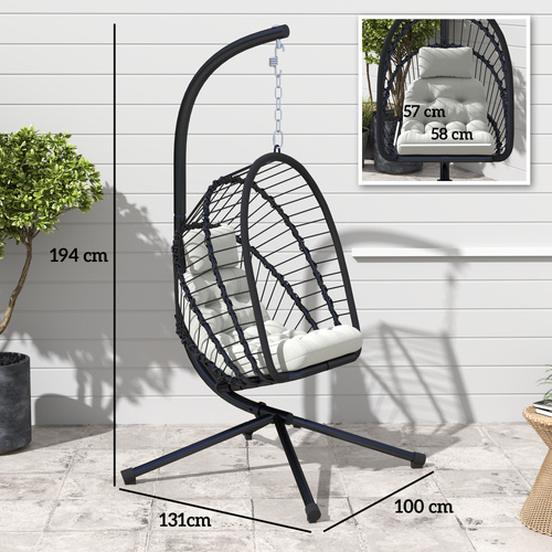 Outsunny Outdoor PE Rattan Swing Chair with Foldable Basket and Cushion, Garden Patio Hanging Egg Chair with Metal Stand, Headrest for Indoor and Outdoor, Black