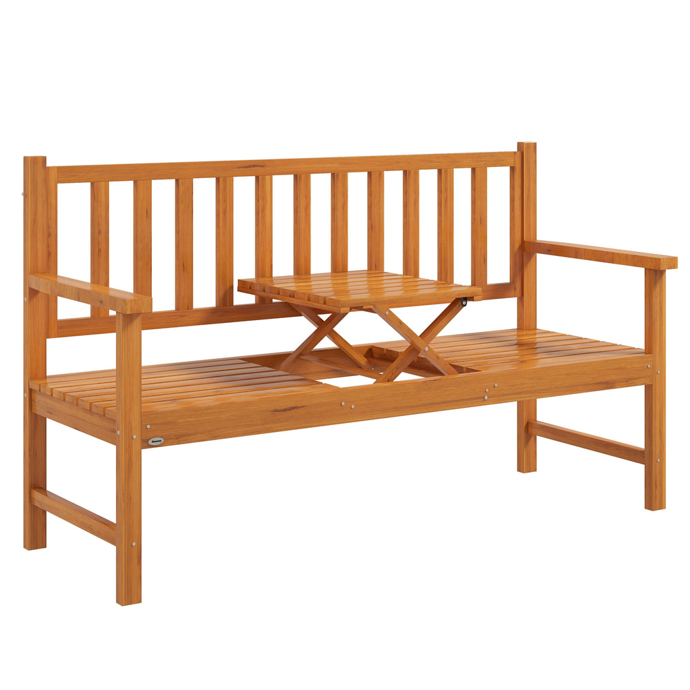 Outsunny Wooden Bench with Liftable Middle Table, Outdoor Bench, Patio Loveseat for Porch, Garden, Seats 2-3 People