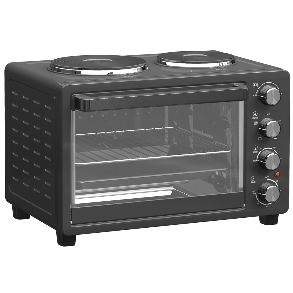 HOMCOM 28L Mini Oven with 2 Hot Plates, Countertop Toaster Oven, Grill, Roast, Bake, Boil, with Timer, Adjustable Temperature, Electric Oven with Baking Tray, Grill Rack, Crumb Tray, 2600W, Black