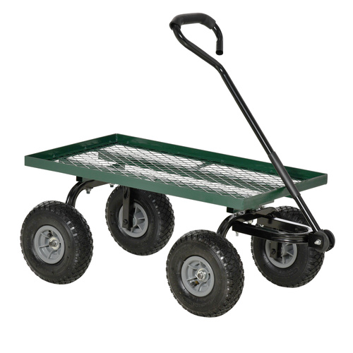 Outsunny Garden Trolley Cart, Heavy Duty Garden Cart with Metal Frame, 10" Pneumatic Wheels, Rotating Handle, 150kg Capacity, for Garden, Farm, Green