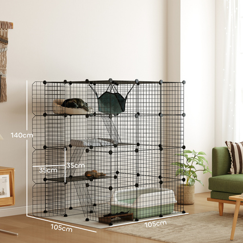 PawHut Steel Wire Cat Cage Indoor with Hammock, Ramps, Doors, DIY Cat Enclosure for 1-3 Cats, Black