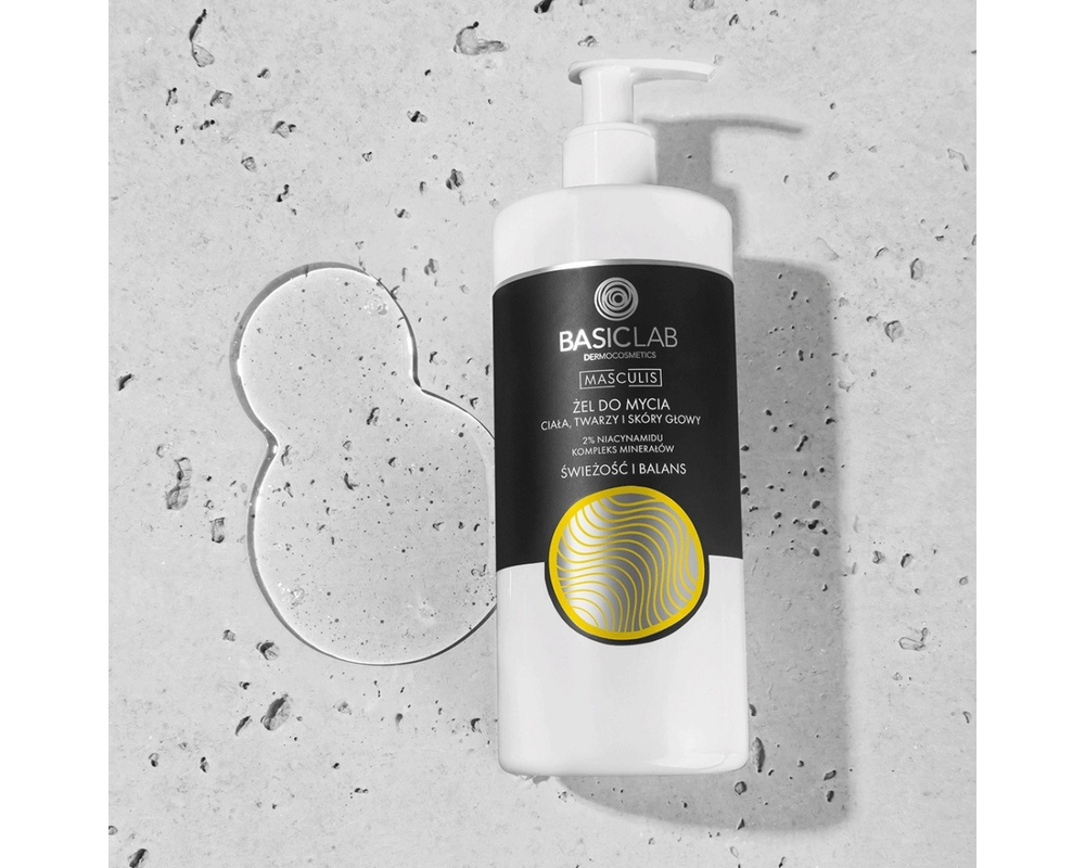 BasicLab Masculis Gel for Washing Body, Face and Scalp 2% Niacinamide Mineral Complex Freshness and Shine for Men 500ml