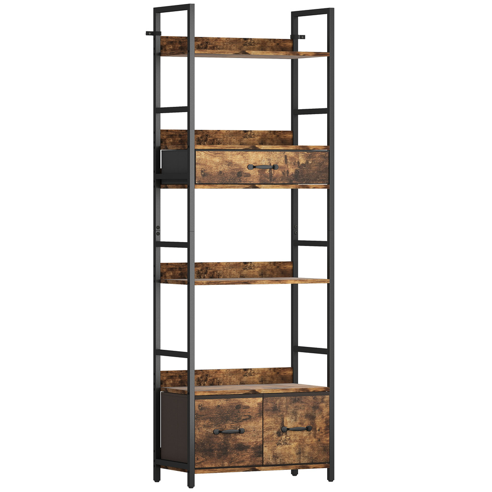 HOMCOM Industrial Style Bookcase, with 4 Shelves and 3 Fabric Drawers - Brown/Black