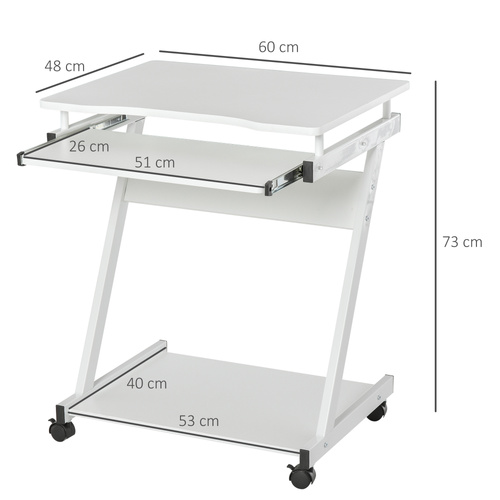 HOMCOM Mobile Computer Desk, Z-Shaped Writing Desk, PC Table for Small Spaces, Workstation with 4 Wheels & Sliding Keyboard for Home Office, Easy Assembly, White