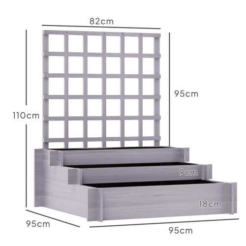 Outsunny 3 Tier Garden Planters with Trellis for Vine Climbing, Wooden Raised Beds, 95x95x110cm, Grey