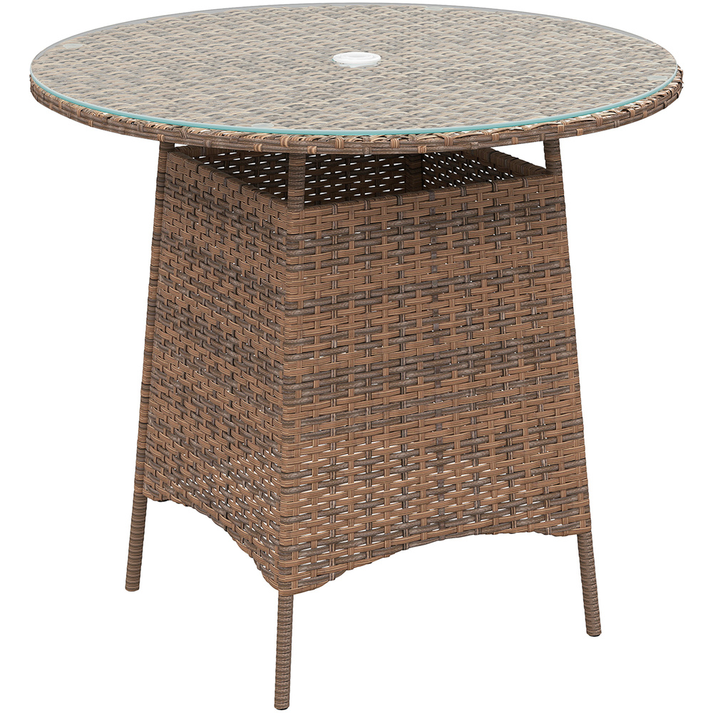 Outsunny Wicker Garden Rattan Table, Patio Furniture Outdoor Coffee Table with Umbrella Hole and Tempered Glass Top, Brown
