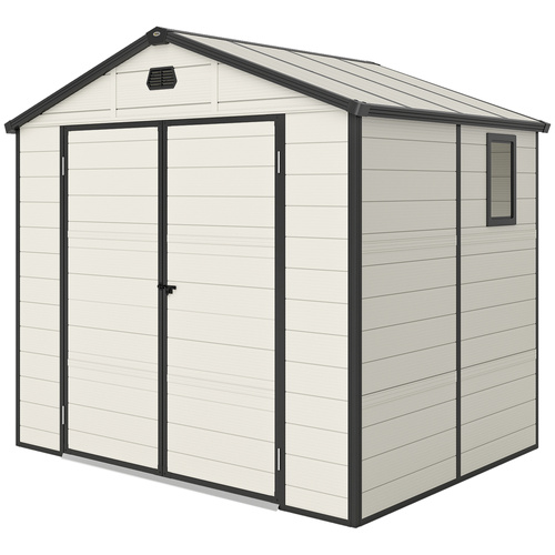 Outsunny 7.9ft x 6.2ft Recycled Garden Shed with Aluminium Frame and Plastic,  Wall Shed with Foundation, Waterproof and Rustproof - Cream White