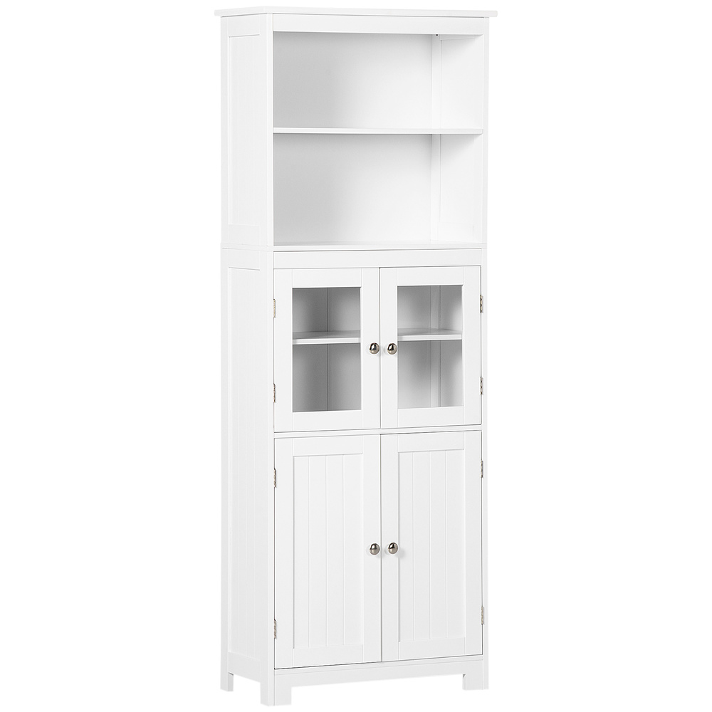 HOMCOM Freestanding Kitchen Cupboard, 4-Door Storage Cabinet with Adjustable Shelf and Glass Doors for Dining Room, Living Room, White