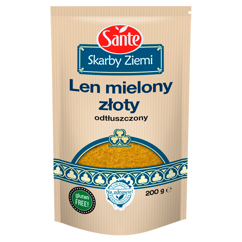 Sante Skarby Ziemi Odtłuszczony Len Mielony Złoty bez Glutenu z Wysoką Zawartością Białka 200g