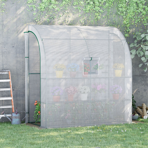 Outsunny Walk-In Lean to Wall Greenhouse with Windows and Doors, Outdoor Green House with 3 Tiers 4 Wired Shelves, 200L x 100W x 215Hcm, White