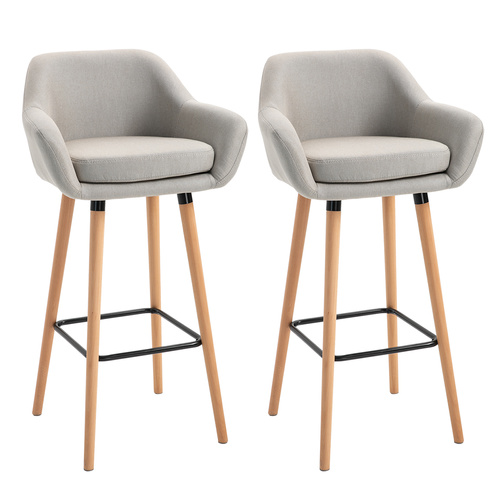 HOMCOM Set of 2 Bar Stools Modern Upholstered Seat Bar Chairs with Metal Frame, Solid Wood Legs Living Room Dining Room Fabric Furniture - Beige