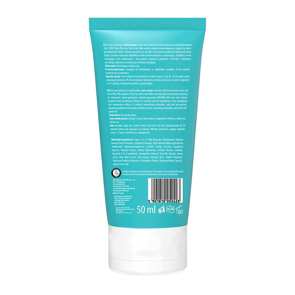 Apis Pure Sun Wodoodporny Krem Ochronny do Twarzy SPF 50 UVA UVB dla każdego Rodzaju Skóry 50ml