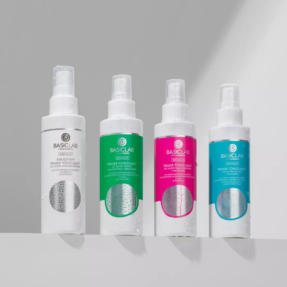 BasicLab Micellis Toning Primer 3% Glycosaminoglycans & 2% Noni Stem Cell Complex  Best Vegan Skincare Base for Oily, Acne-Prone Skin - 150ml