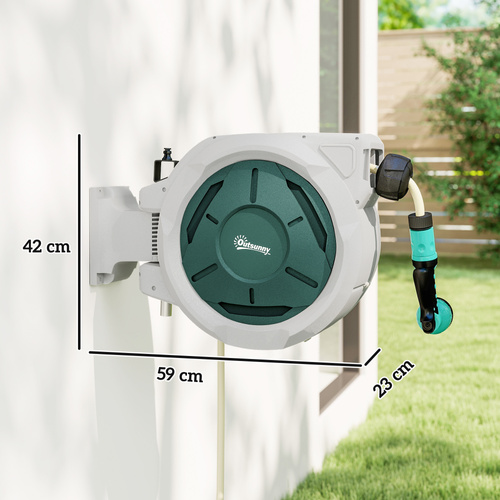 Outsunny Retractable Hose Reel Wall Mounted, 30+2m Garden Hose Pipe Reel with Lock, Auto Rewind, 7 in 1 Spray Nozzle, Includes Wall Fixings, 180° Swivel, Outdoor Watering, 59 x 23 x 42 cm, Grey