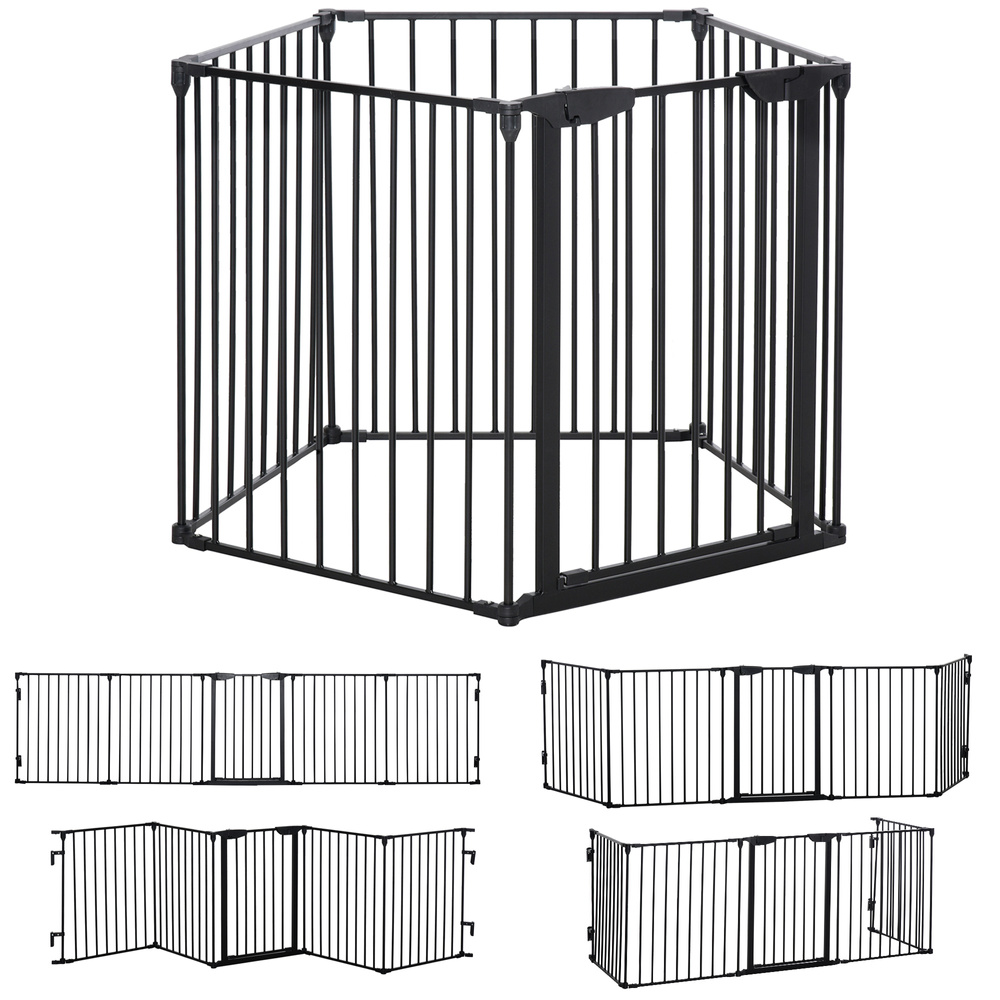 PawHut 5 Panels Pet Playpen Metal Fence w/ Walk Through Door - Black