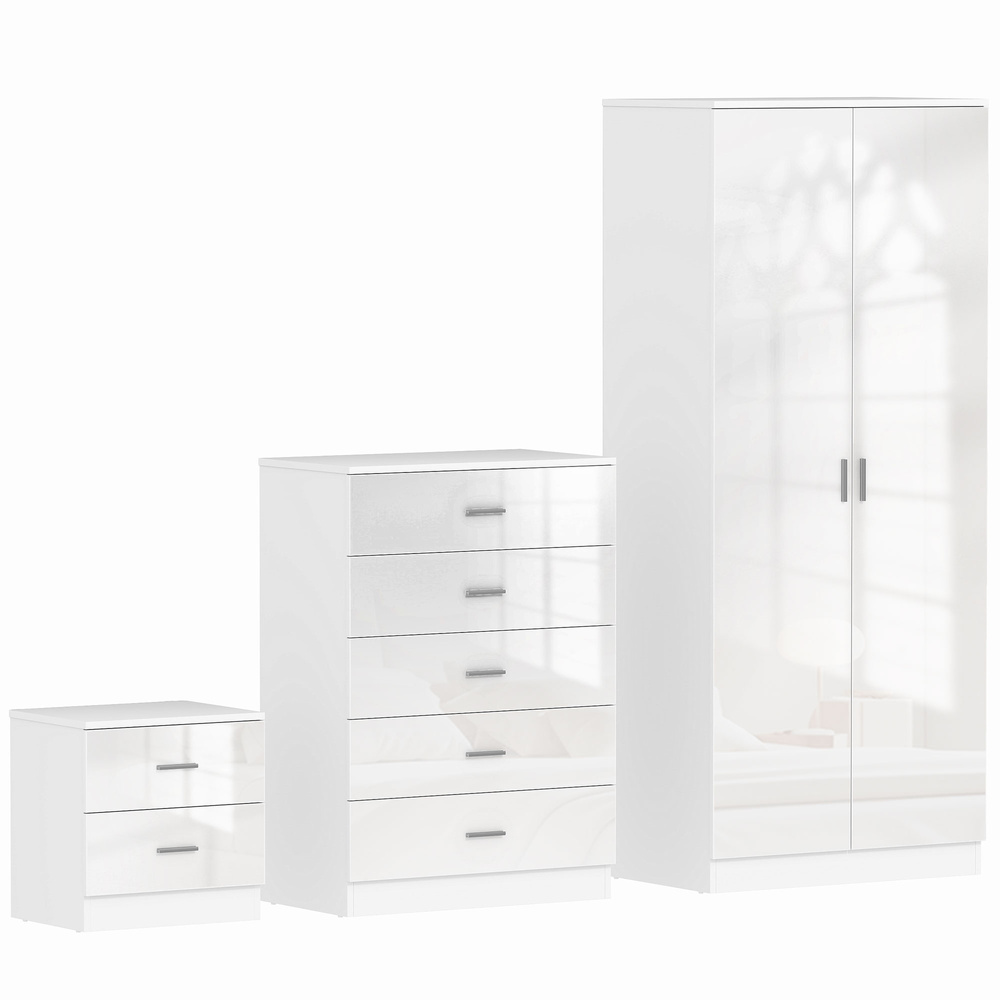 HOMCOM High Gloss 3 Piece Trio Bedroom Furniture Set Wardrobe + Chest Of Drawer + Bedside White