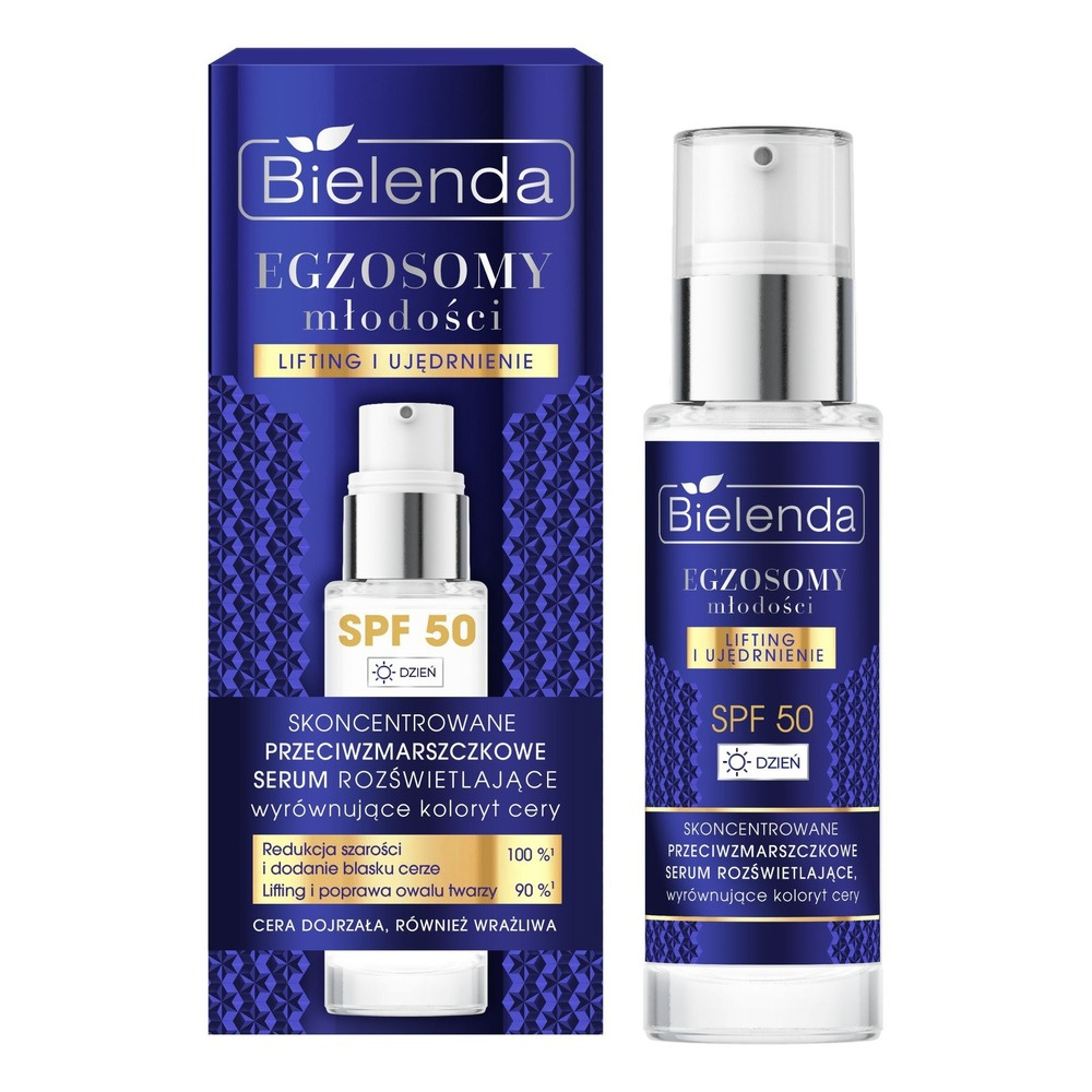 Bielenda Exosomes of Youth Skoncentrowane Przeciwzmarszczkowe Serum Rozświetlające Wyrównujące Koloryt cery SPF50 na Dzień 30ml