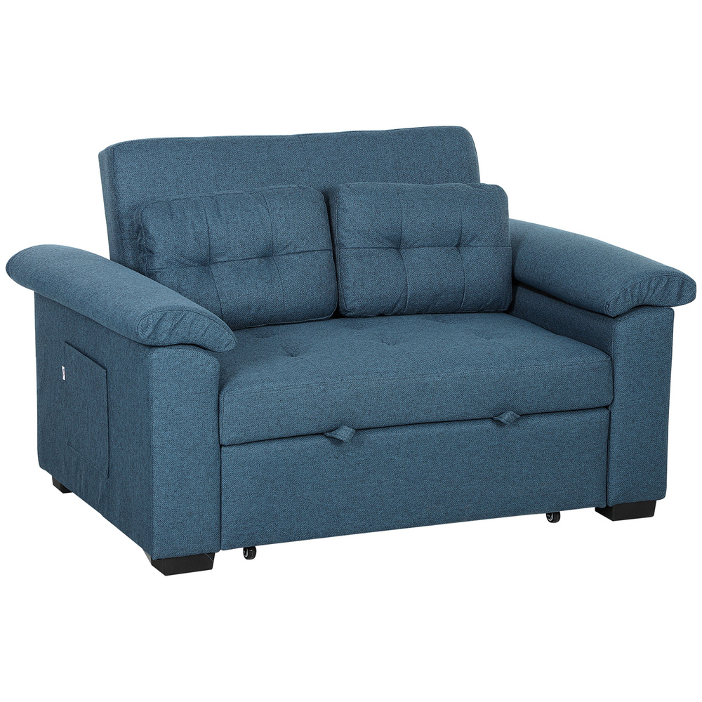 HOMCOM Pull Out Sofa Bed, Fabric 2 Seater Click Clack Sofa Bed Settee with 2 Pocket Springs, Convertible Sofa Couch with Pillows and Side Pockets for Living Room, Home Office, Blue