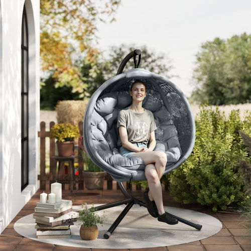 Outsunny Round Egg Basket Chair, with Steel Stand, Charcoal Grey