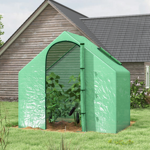 Outsunny Walk In Tomato Greenhouse Garden Outdoor Mini Greenhouse Flower Planter Steel Frame with Zipped Door & Window, PE Cover, 180 x 100 x 168CM, Green