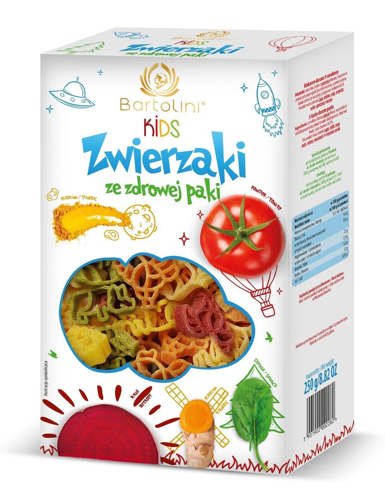 Bartolini Kids Zwierzaki ze Zdrowej Paki Makaron z Pomidorami Szpinakiem i Burakiem dla Dzieci 250g