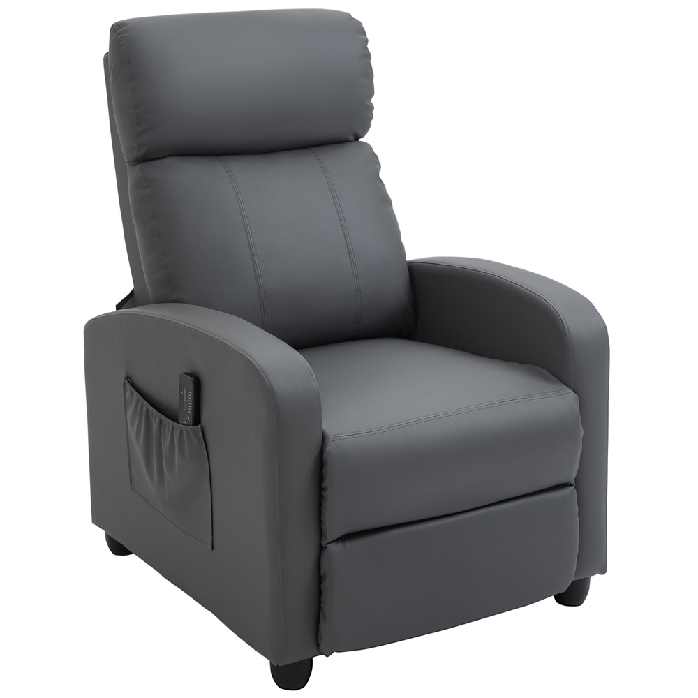 HOMCOM Recliner Armchair, Massage Faux Leather Push Back Reclining Chair with Adjustable Leg Rest, Side Pocket, for Home Living Room Theatre, Grey
