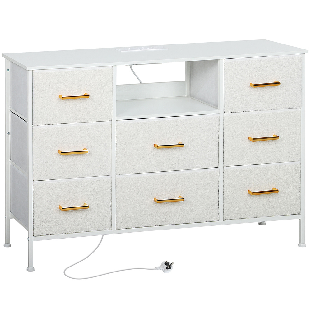 HOMCOM Boucle Chest of Drawers, 8 Fabric Drawers Storage Organiser with Charging Station, 2 USB and 2 AC Ports, Steel Frame, Fabric Dresser for Living Room, Bedroom, Hallway, Cream White