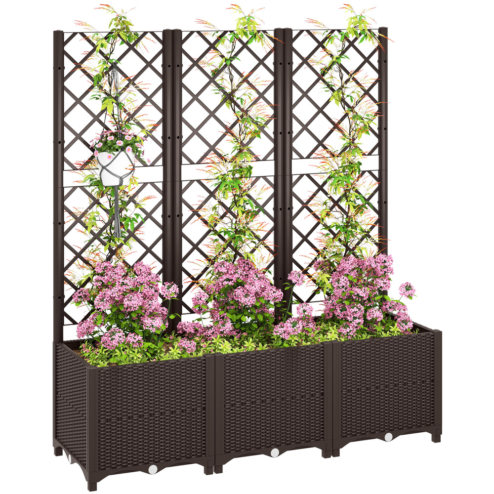 Outsunny Raised Garden Bed with Trellis, Plastic Planter Box with Drainage Holes, Drain Plugs and Water Reservoirs for Climbing Plants, Vegetables, Flowers, Brown