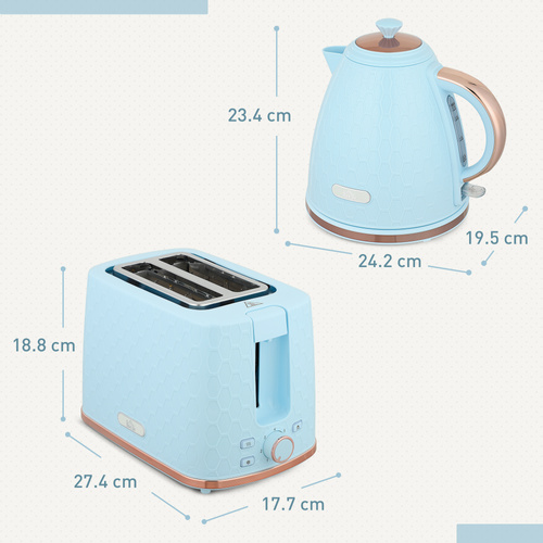 HOMCOM 1.7L 3000W Fast Boil Kettle & 2 Slice Toaster Set, Kettle and Toaster Set with Auto Shut Off, Browning Controls, Light Blue
