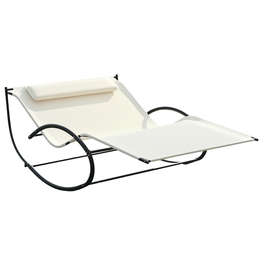 Outsunny Double Sun Lounger, Rocking Lounger Sunbed Daybed with Armrest and Headrest Pillow, for Two, For Outdoor Patio Garden, Cream White
