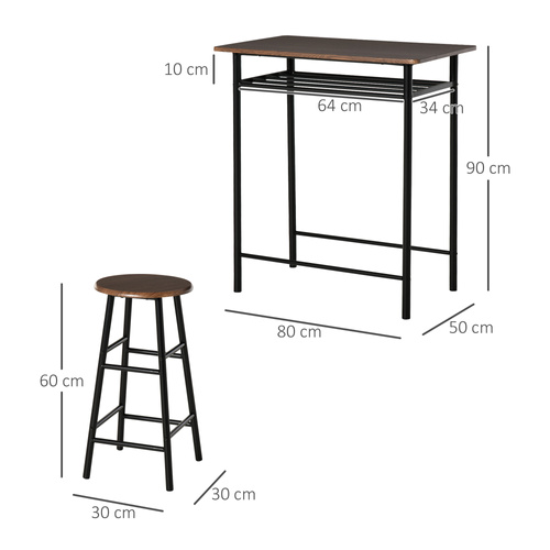 HOMCOM Bar Table Set, Bar Table and Stools Set, Footrest and Storage Shelf, for Kitchen, Dining Room, Pub, Cafe, Black and Oak