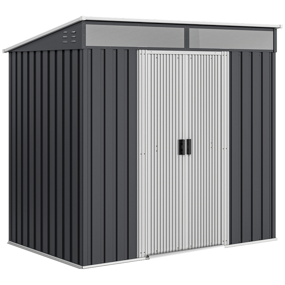 Outsunny 6.5 x 4FT Galvanised Metal Shed with Foundation Kit, Lockable Tool Garden Shed with Double Sliding Doors, Vents, Grey