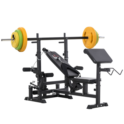 HOMCOM Weight Bench with Adjustable Barbell Rack, Leg Extension, Preacher Curl Pad and 20kg Barbell Set