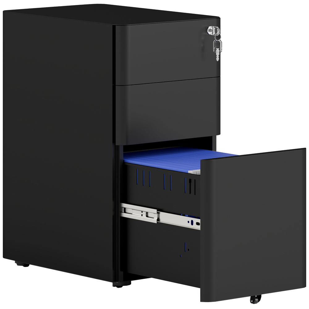 Vinsetto 3-Drawer Steel Filing Cabinet with Lock - Black