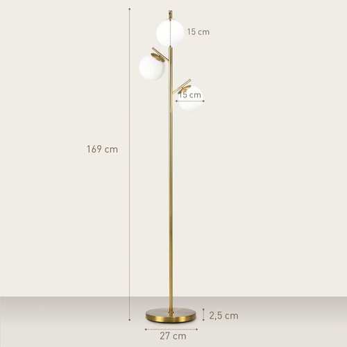 HOMCOM 3-Light Tree Floor Lamps for Living Room, Modern Standing Lamp for Bedroom with Globe Lampshade, 3000K/4000K/6000K Colour Temperatures, Steel Base, Gold Tone