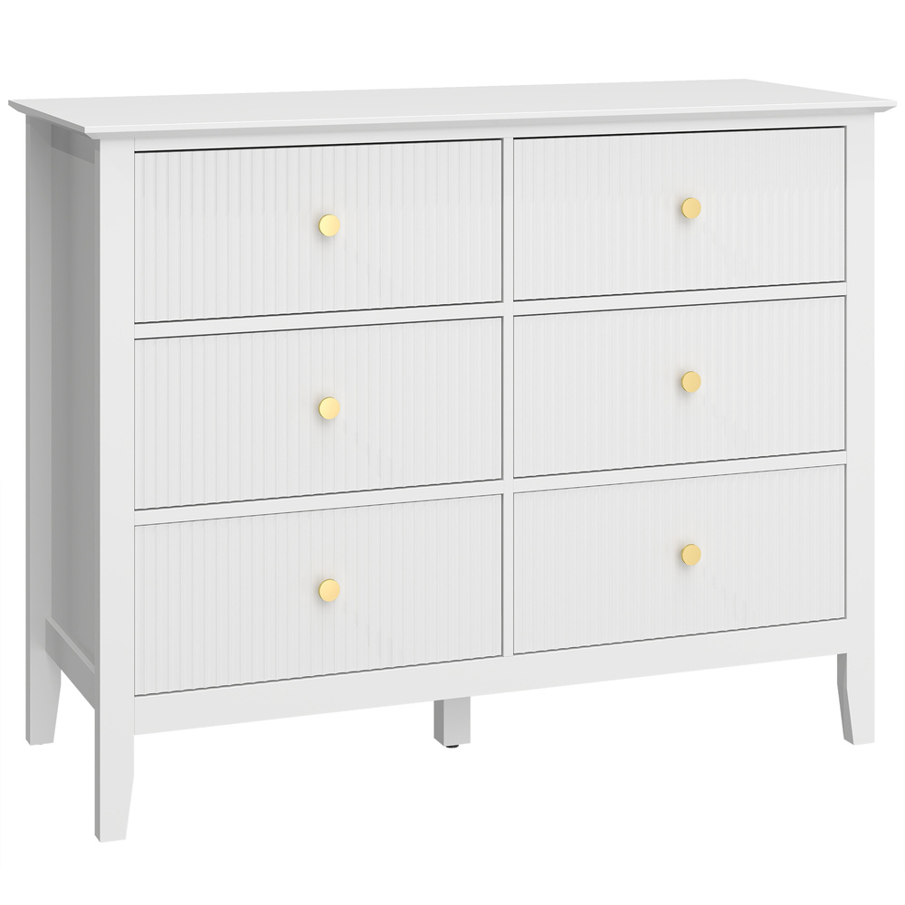 HOMCOM Fluted Dresser, 6 Drawer Chest of Drawers for Bedroom, Living Room, Hallway, Closet, White