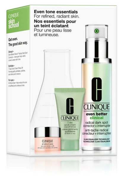 Clinique Even Tone Essentials Gift Set 50ml Even Better Clinical Radical Dark Spot Corrector + Interrupter + 30ml 7 Day Scrub Cream + 5ml All About Eyes