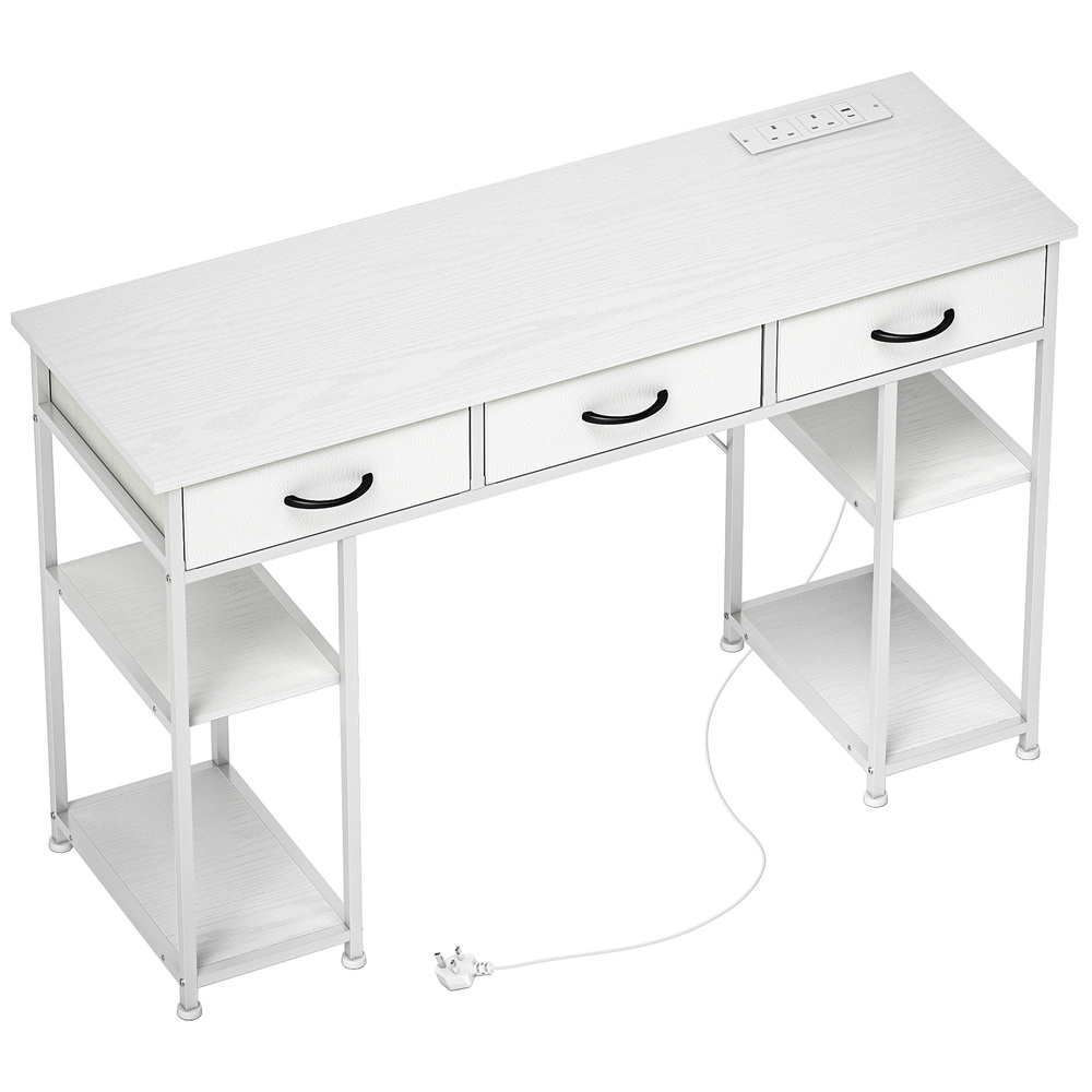 HOMCOM 120cm Computer Desk with Power Outlets, Office Desk Study Table with 3 Fabric Drawers and 4 Storage Shelves, White