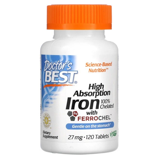 Doctor's Best High Absorption Iron 27mg Gentle on The Stomach 120 Tablets