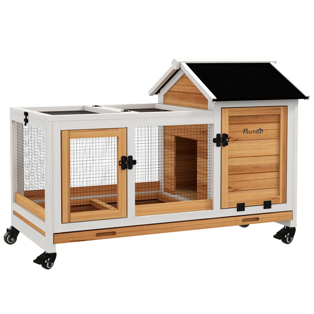PawHut Wooden Rabbit Hutch, Guinea Pig Cage, with Removable Tray, Wheels - Yellow
