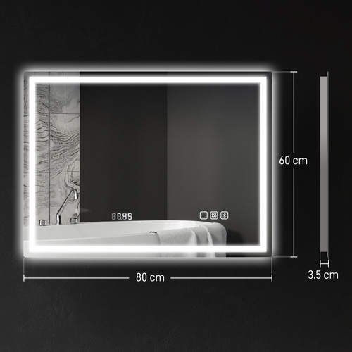 HOMCOM 60 x 80 cm Anti-Fog LED Bathroom Mirror, with Bluetooth and Clock - Silver Tone