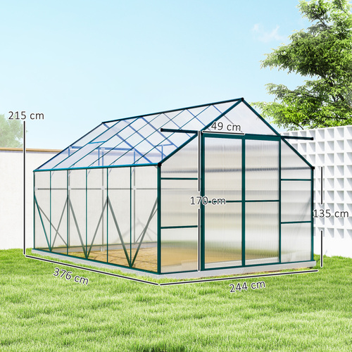 Outsunny 8 x 12ft Aluminium Greenhouse Polycarbonate Walk-in Garden Greenhouse Kit with Adjustable Roof Vent, Double Sliding Door, Rain Gutter and Foundation, Clear