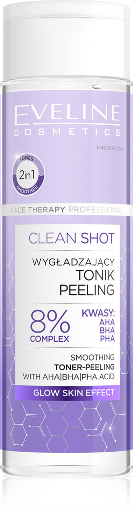 Eveline Clean Shot 8% Kompleks Kwasów AHA BHA PHA Wygładzający Tonik-Peeling dla każdego Rodzaju Skóry  200ml