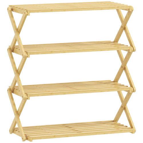 HOMCOM Four-Tier Folding Bamboo Shoe Rack - Natural Finish