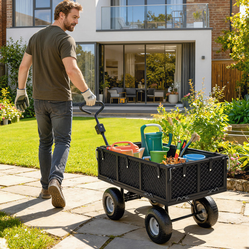 Outsunny 114L Steel Frame Garden Cart Trolley - Black