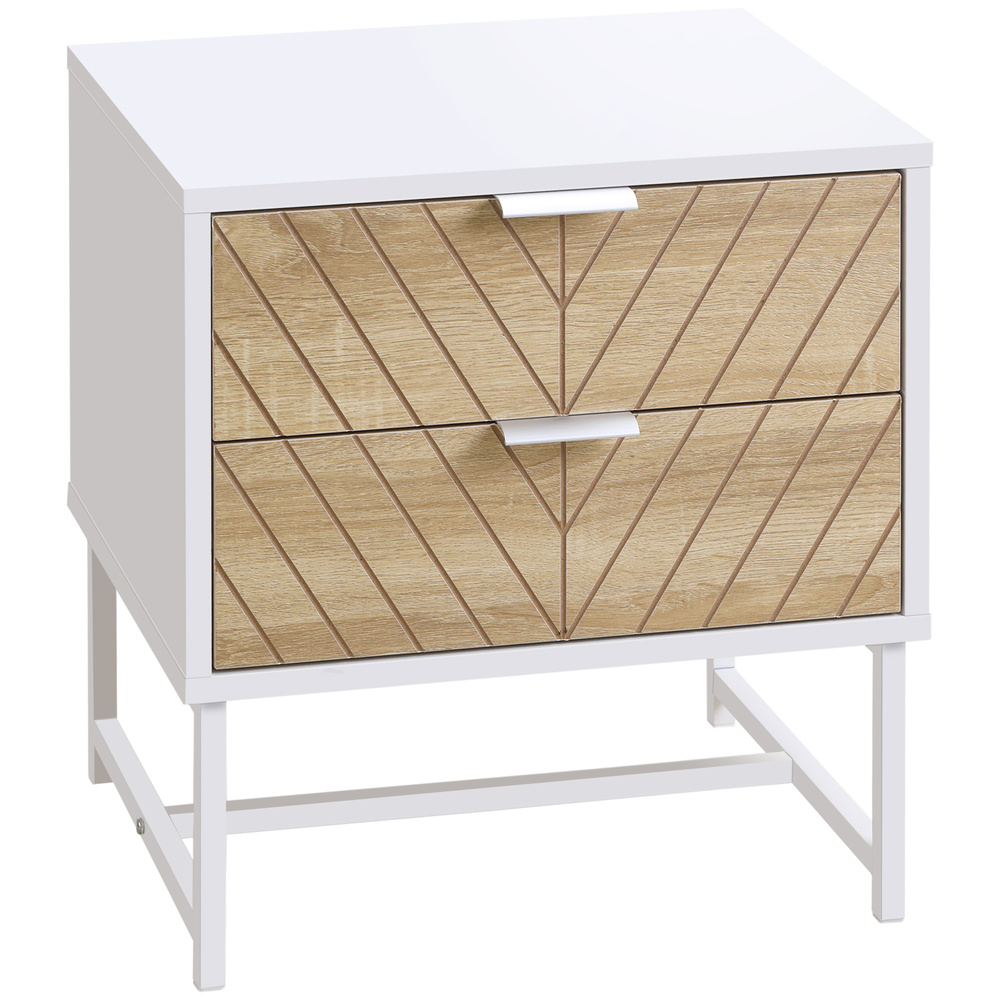 HOMCOM Modern Bedside Table with 2 Drawers and Metal Frame, Sofa Side Table for Bedroom Living Room, White and Oak