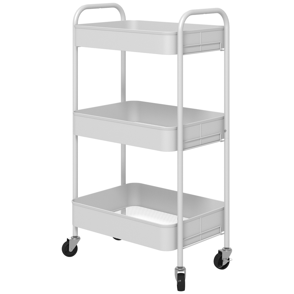HOMCOM Three-Tier Steel Storage Trolley - White